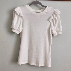 **NWT** Women’s Short Sleeve White Top with Ruffle Detail on Shoulder, Small